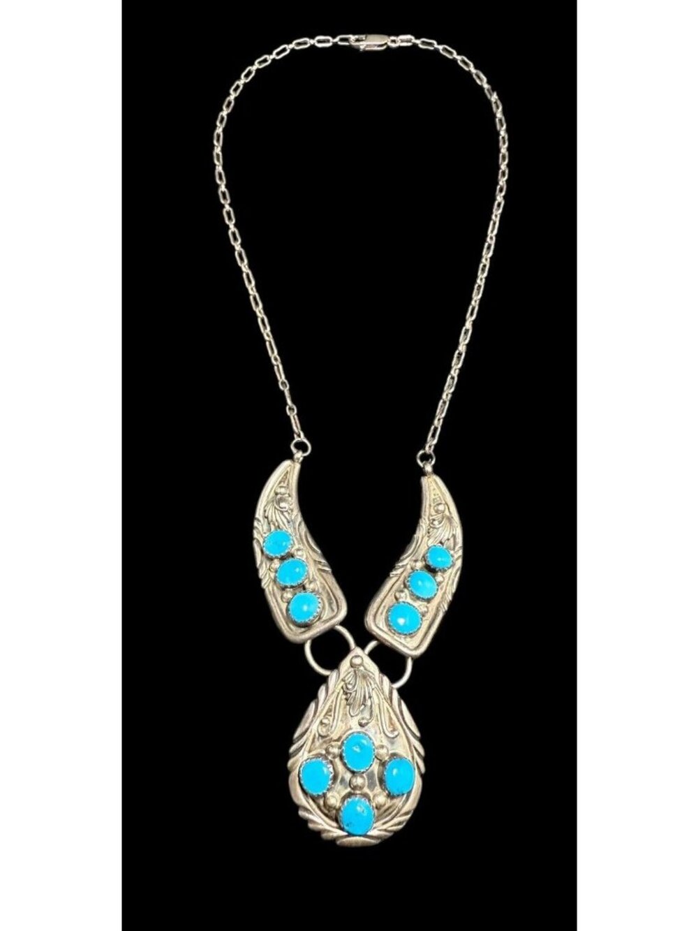 Vintage Navajo Sterling Silver Turquoise Cluster Necklace Floral Oval Chain